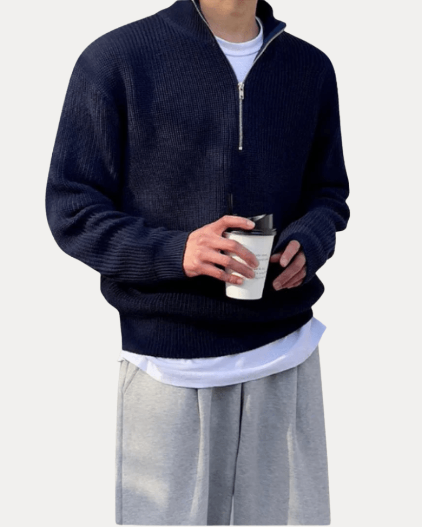 Maglione Uomo Mezza Zip in Maglia Misto Lana a Coste Caldo
