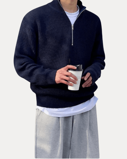Maglione Uomo Mezza Zip in Maglia Misto Lana a Coste Caldo