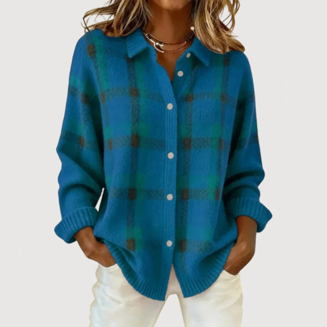 Clara | Cardigan Donna in Maglia a Quadri Blu Scuro
