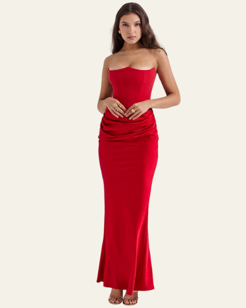 Abito Lungo Donna Strapless in Raso Drappeggiato