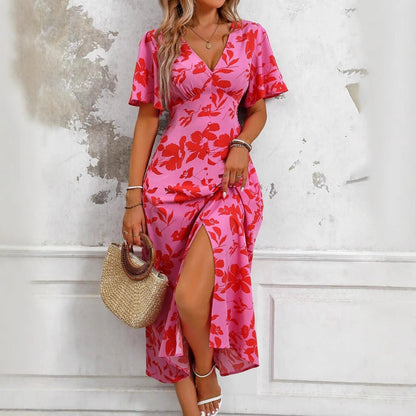 Abito Midi Donna Floreale Rosso su Rosa