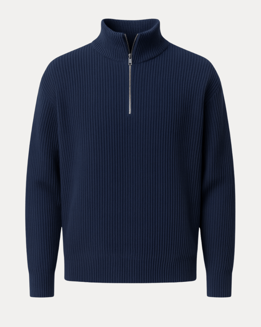 Maglione Uomo Mezza Zip in Maglia Misto Lana a Coste Caldo