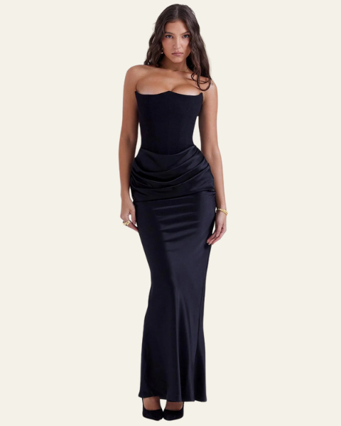 Abito Lungo Donna Strapless in Raso Drappeggiato