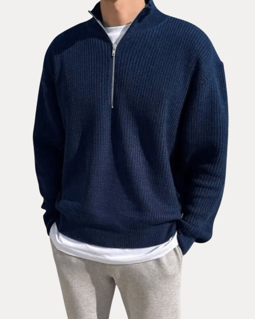Maglione Uomo Mezza Zip in Maglia Misto Lana a Coste Caldo