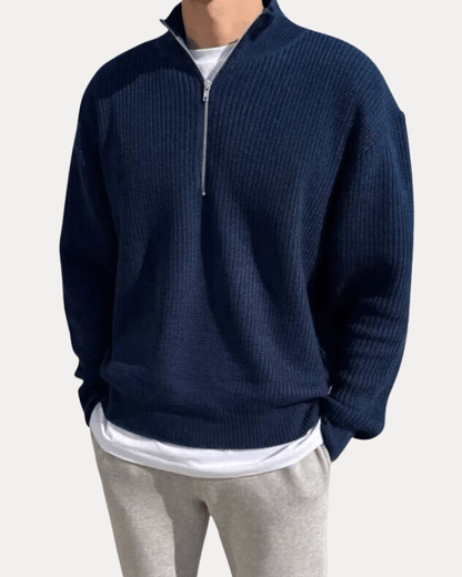 Maglione Uomo Mezza Zip in Maglia Misto Lana a Coste Caldo