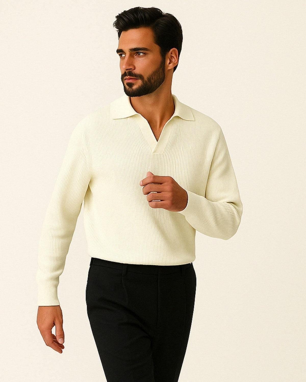 Polo Uomo in Maglia Scollo a V Poliestere Texture Lanuginosa