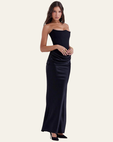 Abito Lungo Donna Strapless in Raso Drappeggiato