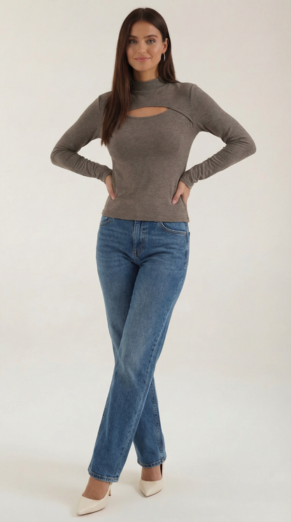 Top Donna a Maniche Lunghe con Tagli sul Petto