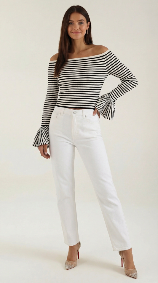 Top Donna a Righe Off Shoulder con Volant