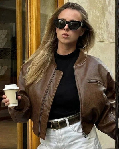 Bomber Corto Donna in Pelle Vegana Cioccolato