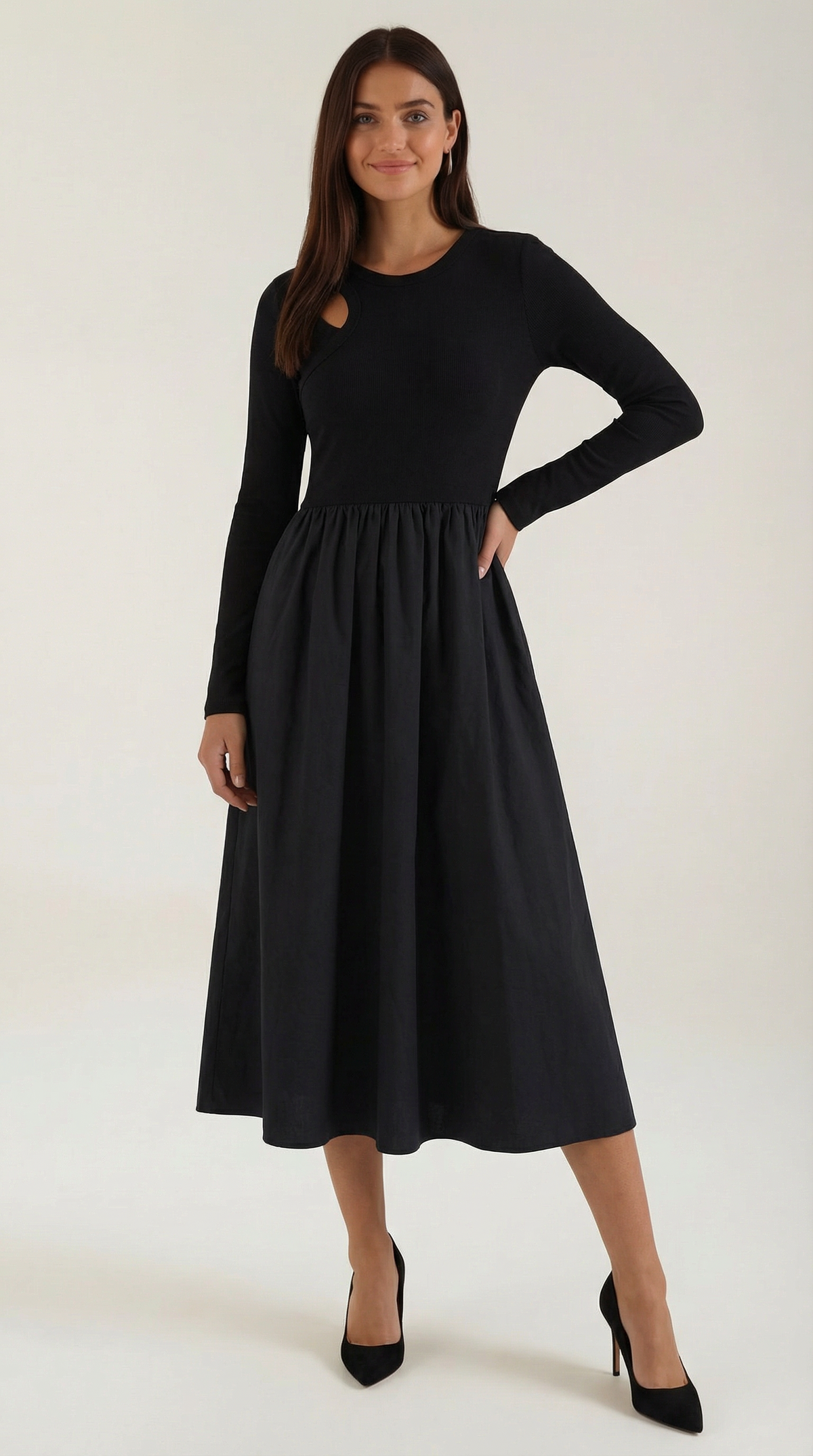 Abito Lungo Donna in Cotone con Maniche Lunghe