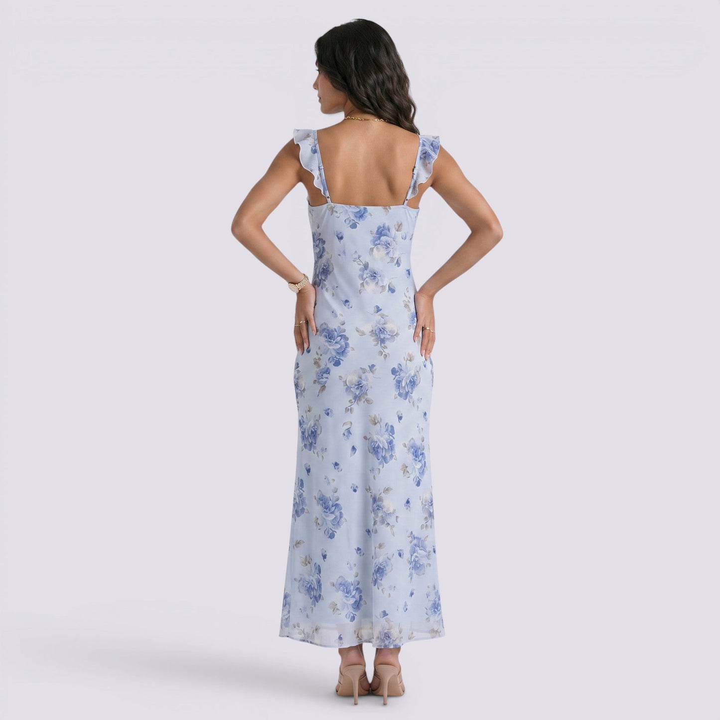 Abito Lungo Donna Floreale con Schiena Aperta