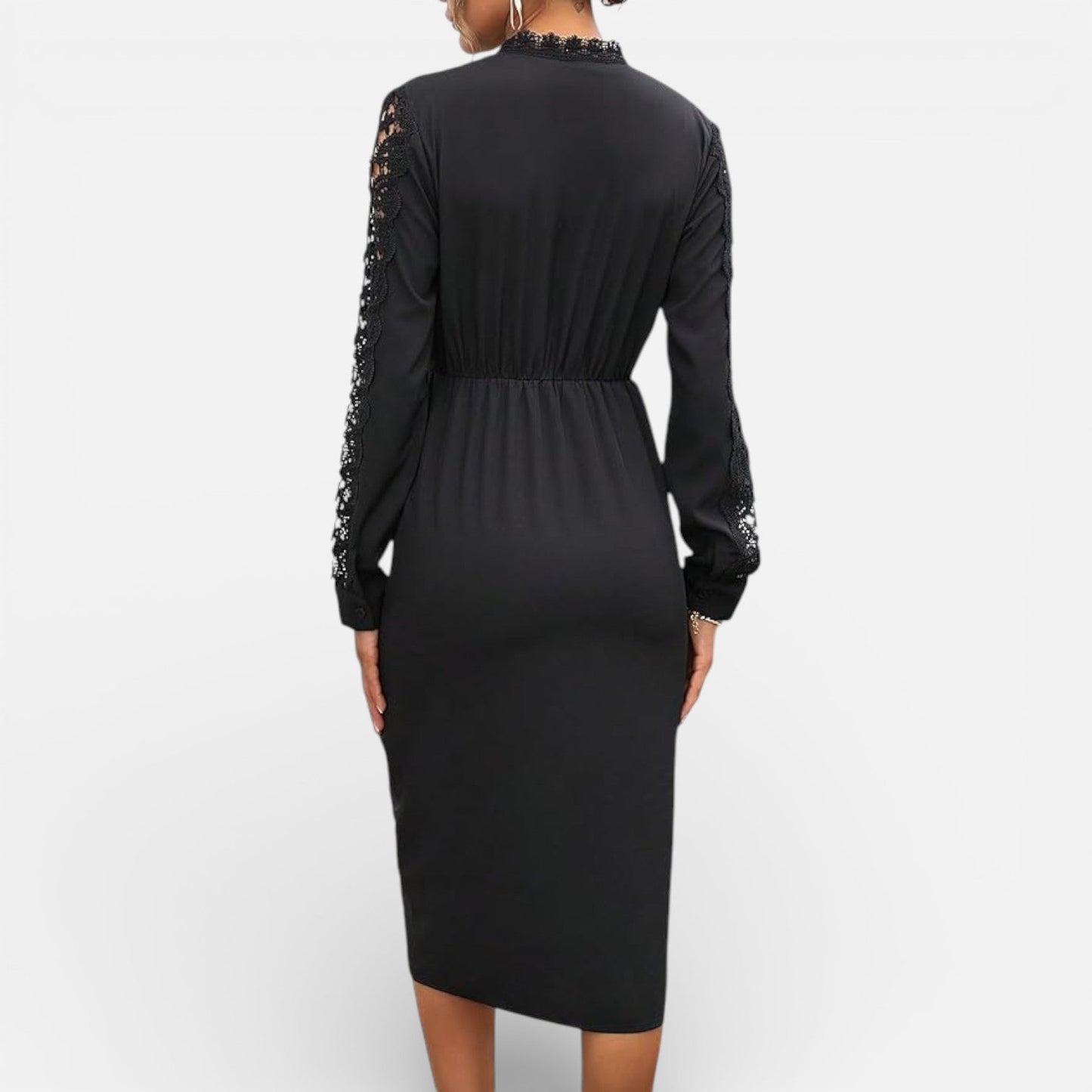 Abito Midi Donna Nero con Maniche in Pizzo