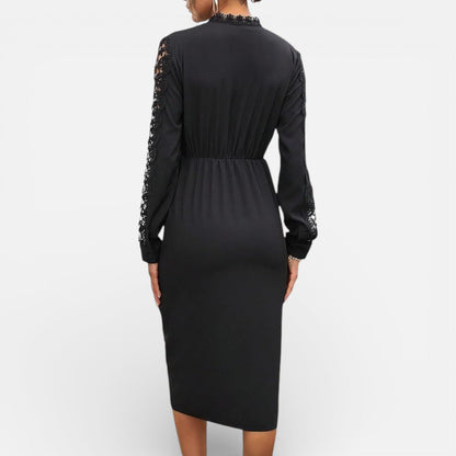 Abito Midi Donna Nero con Maniche in Pizzo