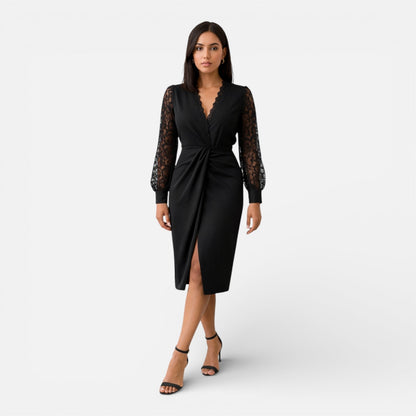Abito Midi Donna Nero con Maniche in Pizzo