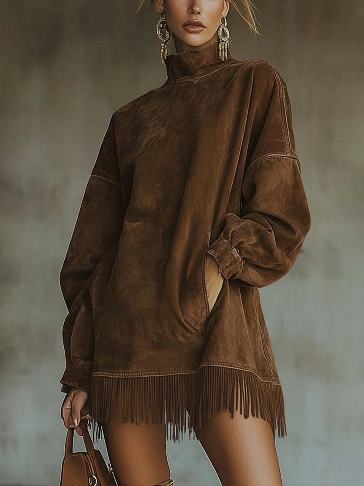 Gabrielle | Abito in Suede con Collo Alto e Frange