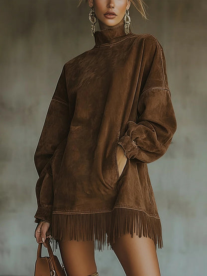 Gabrielle | Abito in Suede con Collo Alto e Frange