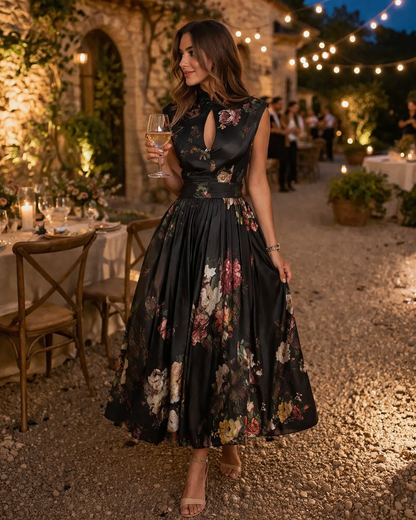 Abito Midi Donna Floreale con Collo Alto
