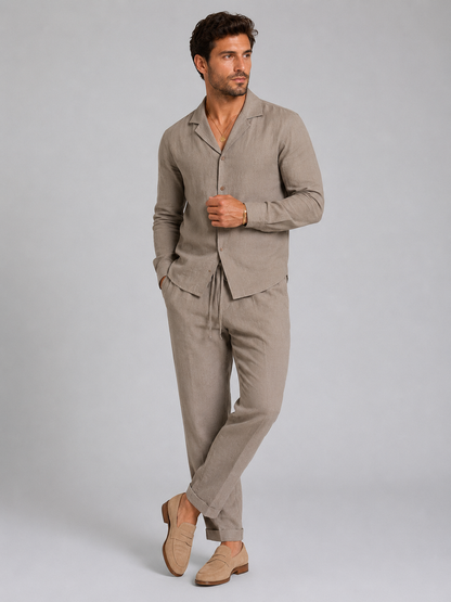 Completo Uomo Effetto Lino Camicia e Pantaloni Taglio Rilassato