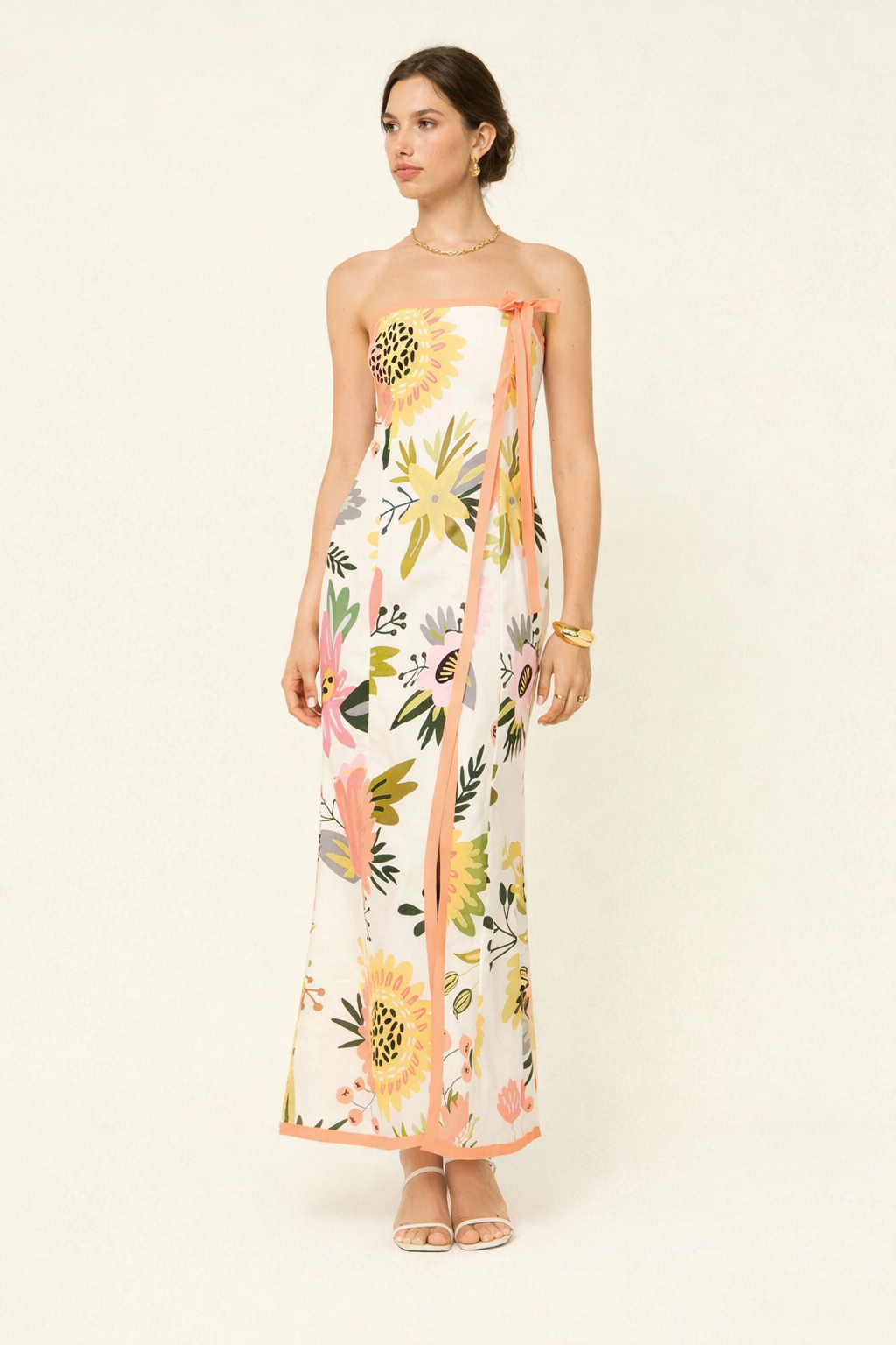 Abito Lungo Donna Strapless Stampato con Spacco