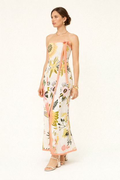 Abito Lungo Donna Strapless Stampato con Spacco
