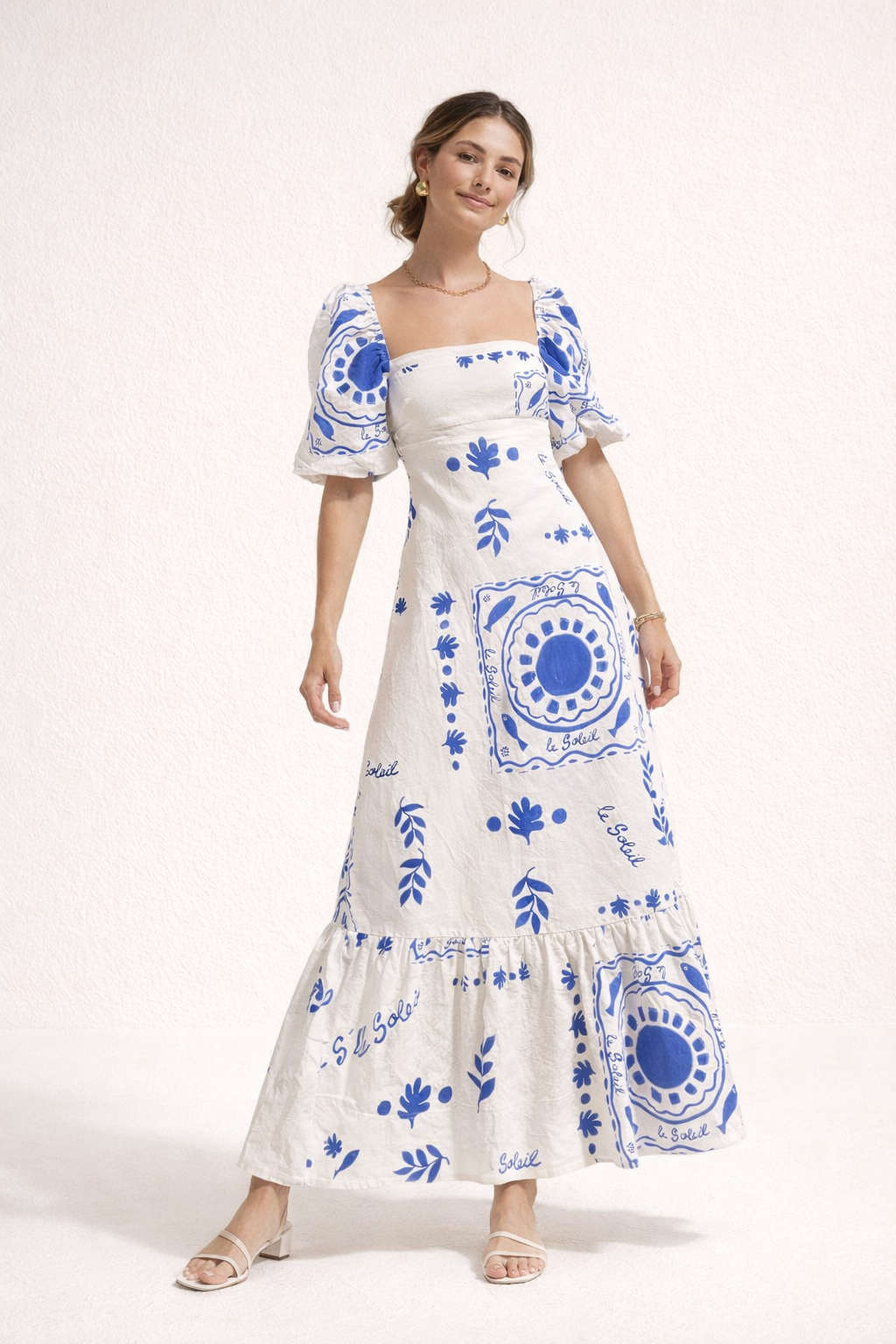 Abito Midi Donna Stampato con Scollo Quadrato
