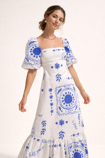 Abito Midi Donna Stampato con Scollo Quadrato