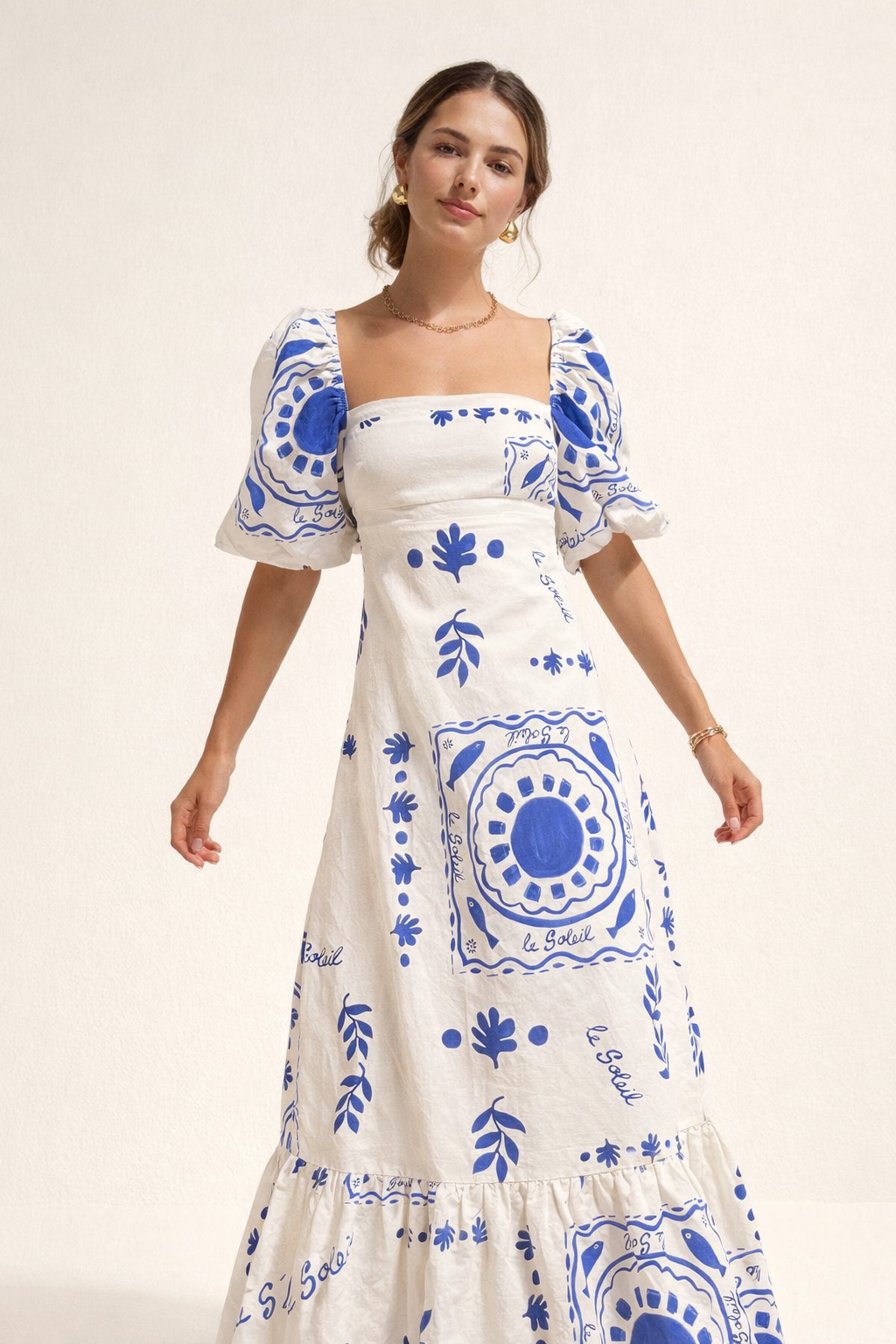 Abito Midi Donna Stampato con Scollo Quadrato