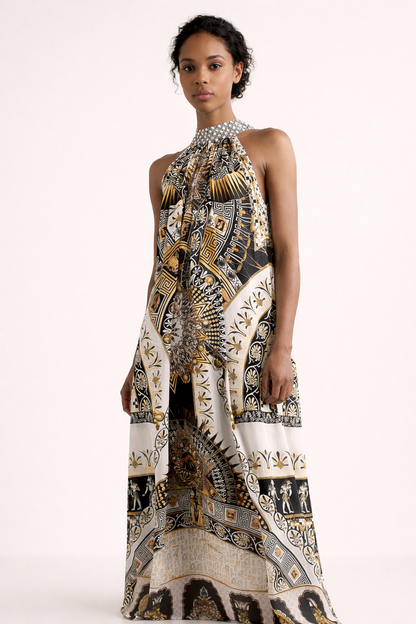 Abito Lungo Donna Halter Stampa Grafica