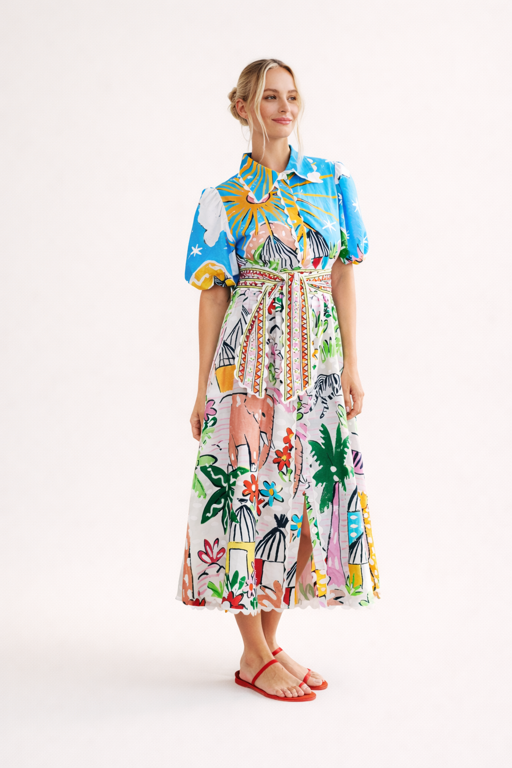 Abito Midi Donna Stampa Tropicale con Collo a Camicia