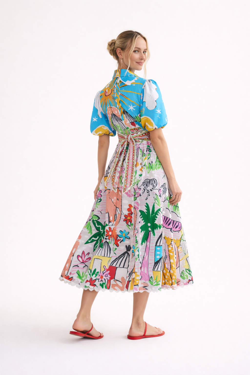 Abito Midi Donna Stampa Tropicale con Collo a Camicia