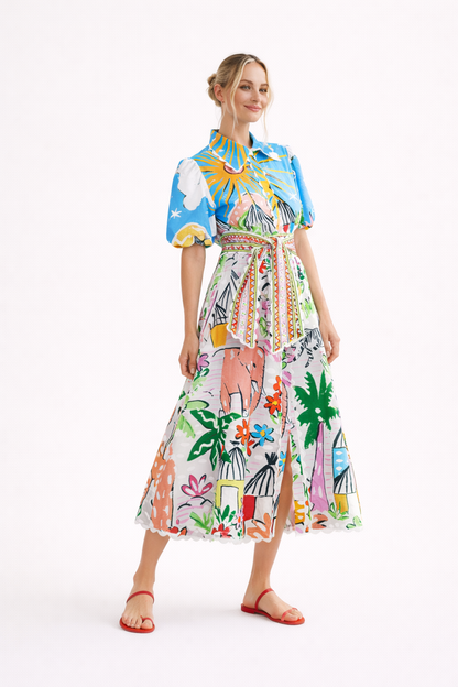 Abito Midi Donna Stampa Tropicale con Collo a Camicia