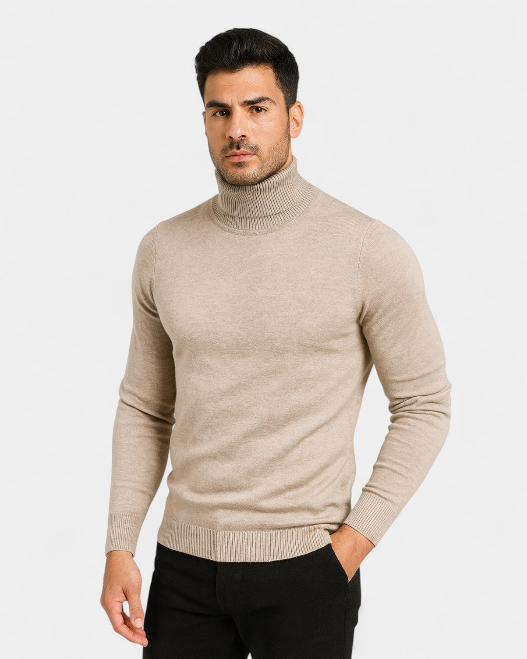 Maglione Dolcevita Uomo a Costine Slim Collo Alto Caldo