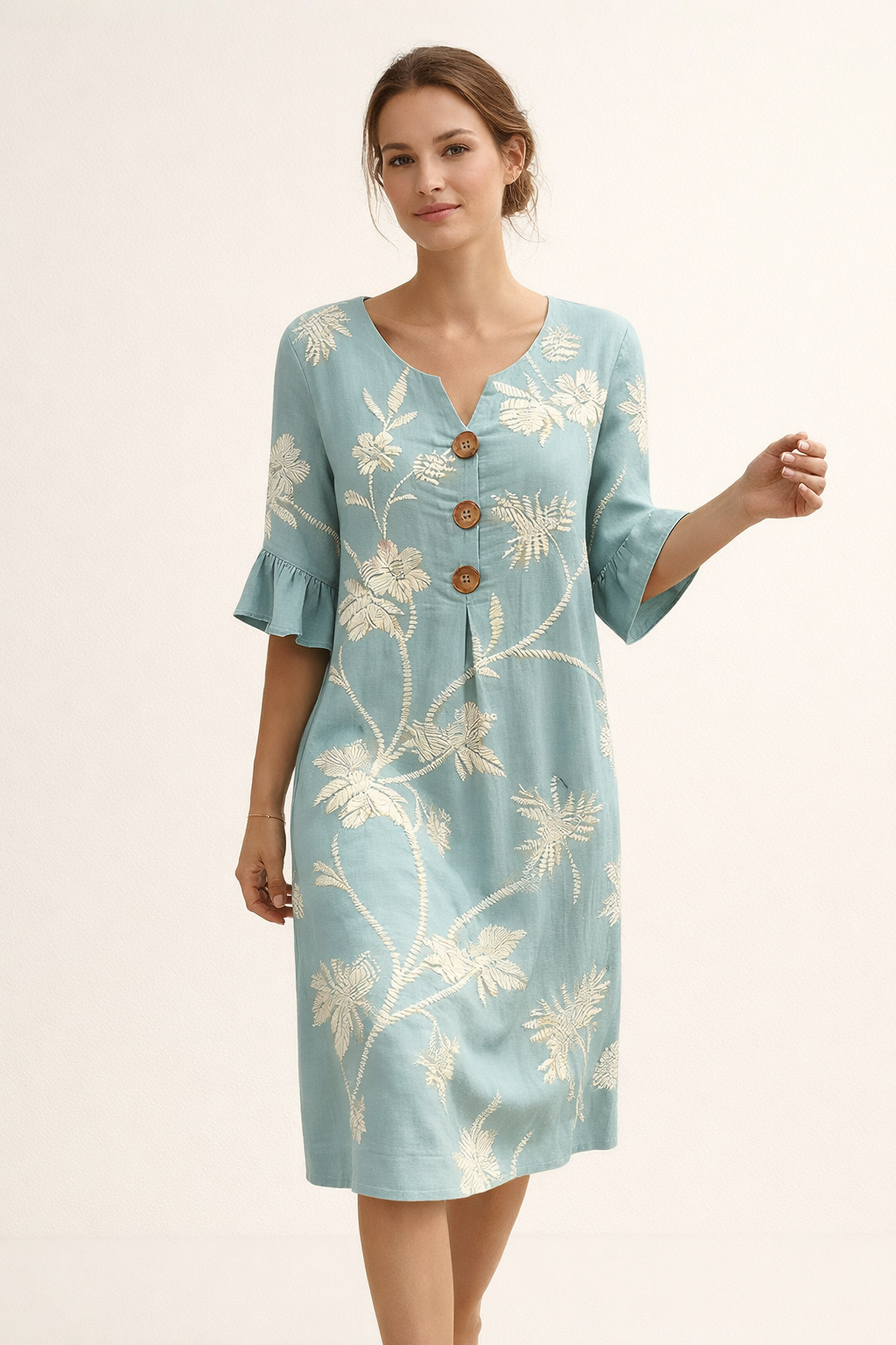 Abito Midi Donna Floreale con Bottoni
