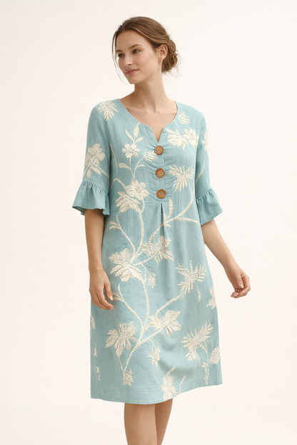 Abito Midi Donna Floreale con Bottoni