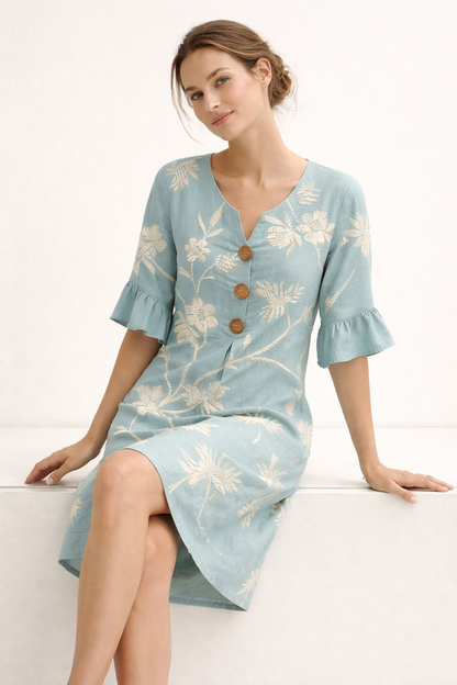 Abito Midi Donna Floreale con Bottoni
