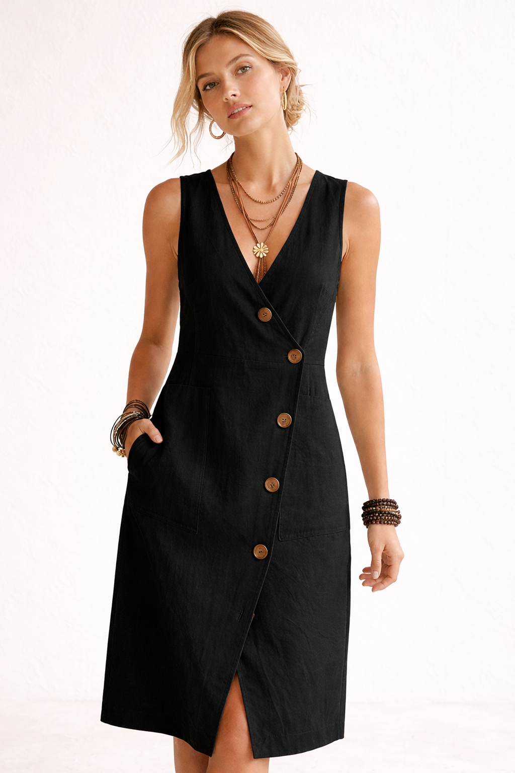 Abito Midi Donna Wrap con Bottoni