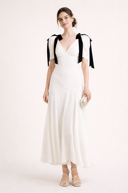 Abito Midi Donna con Scollo a V e Lacci