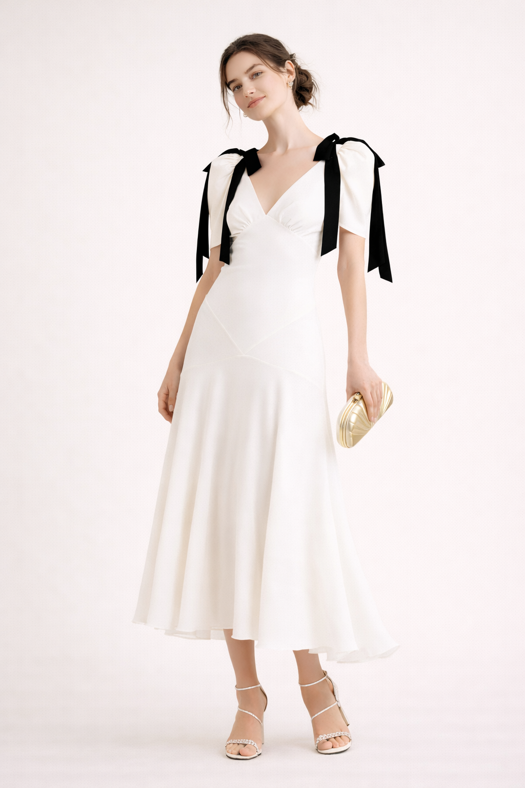 Abito Midi Donna con Scollo a V e Lacci