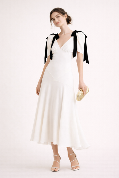 Abito Midi Donna con Scollo a V e Lacci