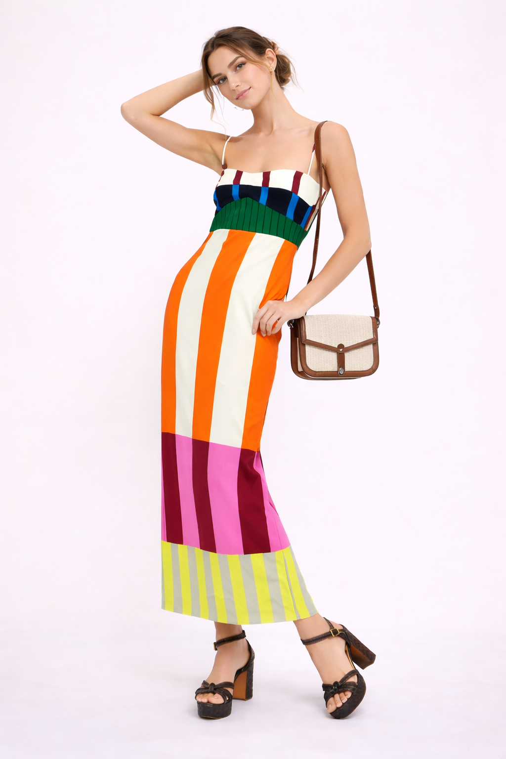 Abito Lungo Donna Multicolor con Bretelle Regolabili