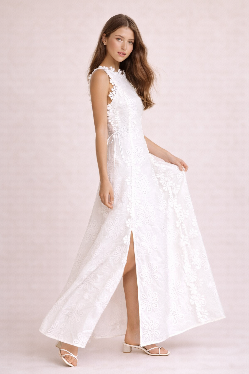 Abito Lungo Donna Texture Floreale con Lacci