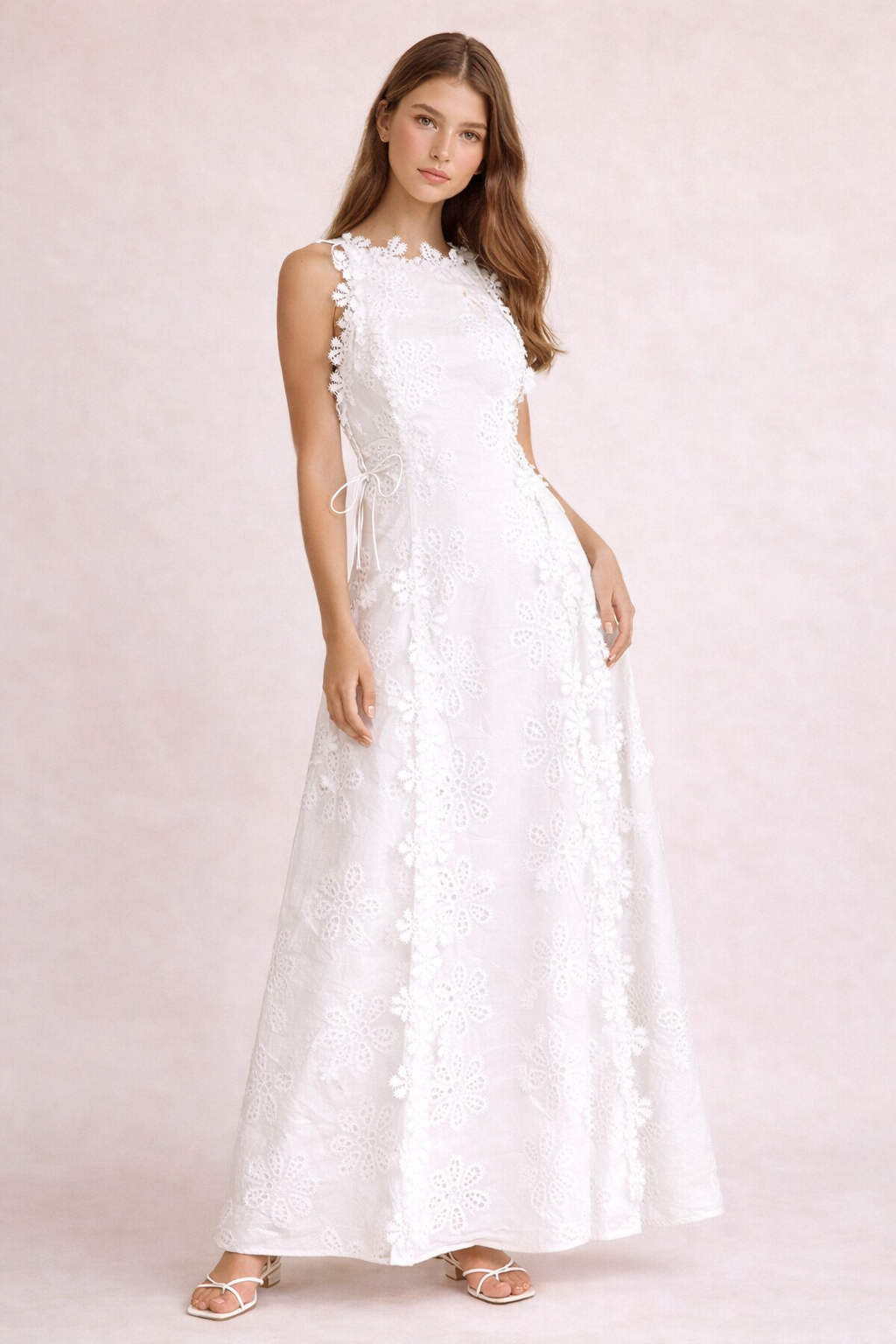 Abito Lungo Donna Texture Floreale con Lacci