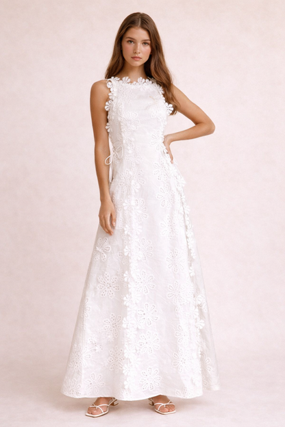 Abito Lungo Donna Texture Floreale con Lacci