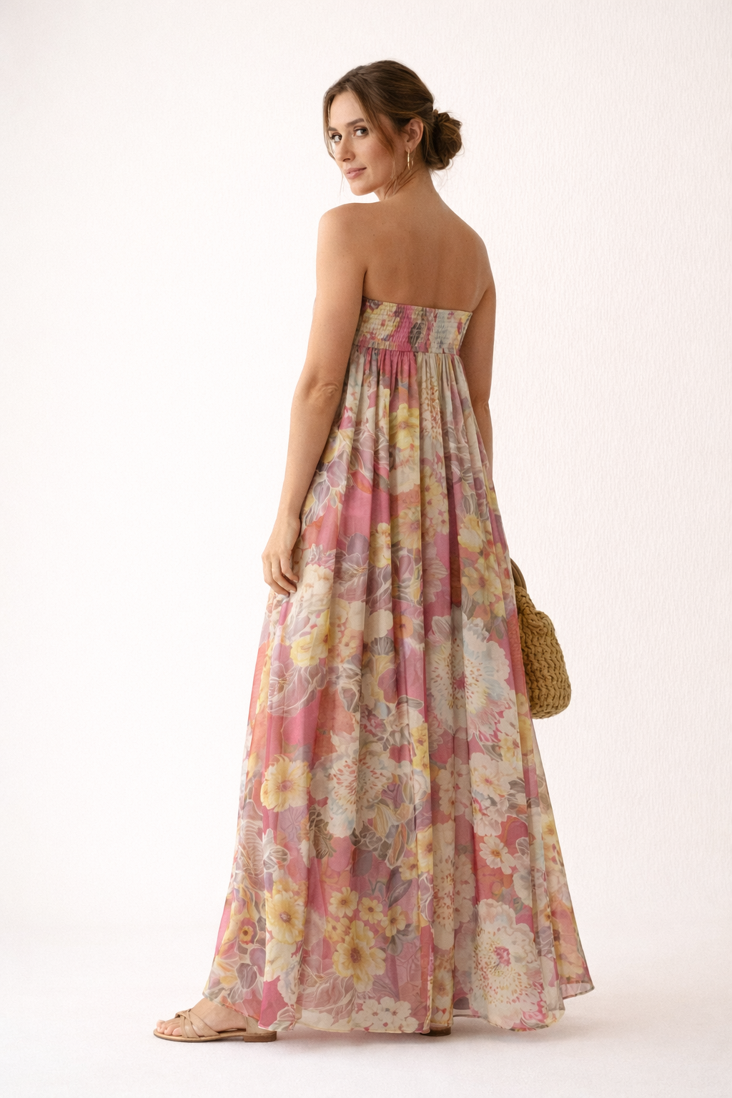 Abito Lungo Donna Strapless Floreale con Gonna Ampia