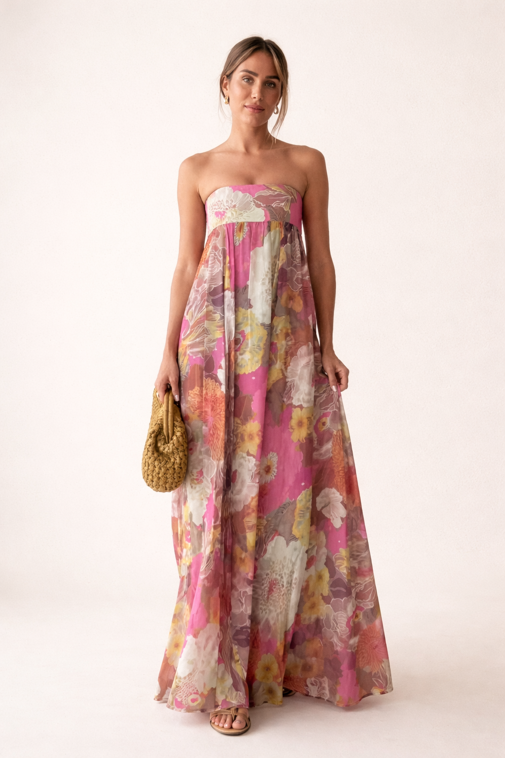 Abito Lungo Donna Strapless Floreale con Gonna Ampia