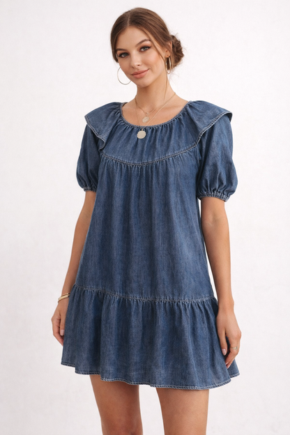 Abito Corto Donna in Jeans con Maniche a Sbuffo