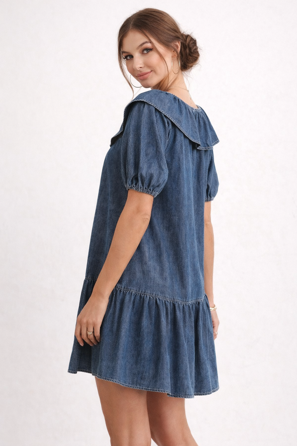 Abito Corto Donna in Jeans con Maniche a Sbuffo