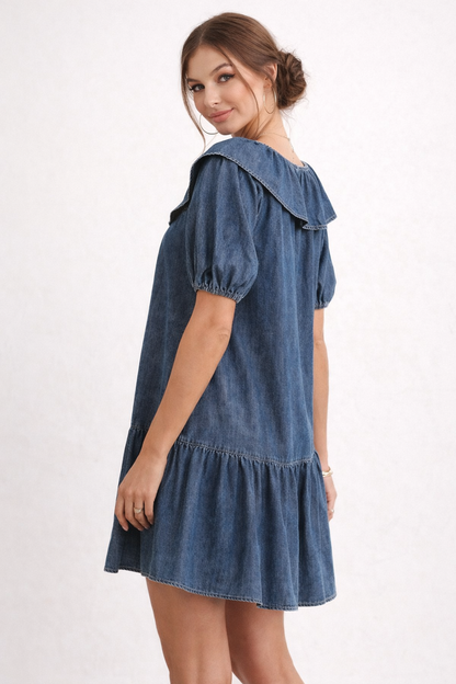 Abito Corto Donna in Jeans con Maniche a Sbuffo