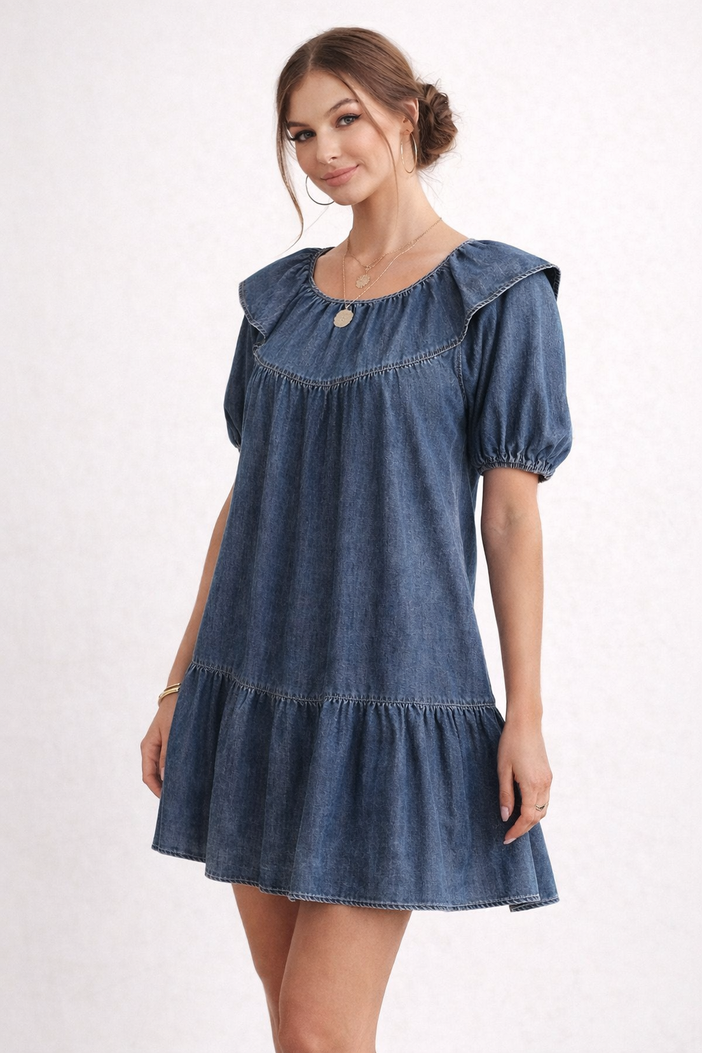 Abito Corto Donna in Jeans con Maniche a Sbuffo